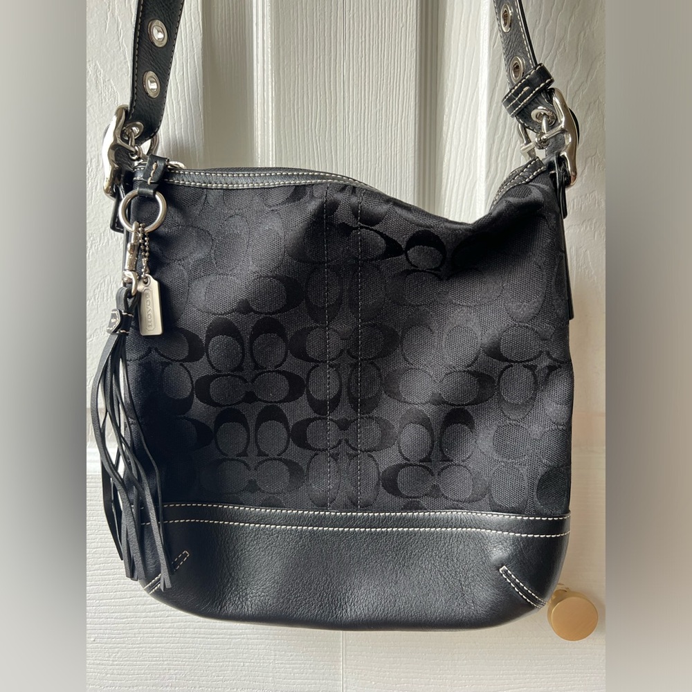 Versatile Coach crossbody/shoulder bag in black CC logo canvas / leather 2 in 1
